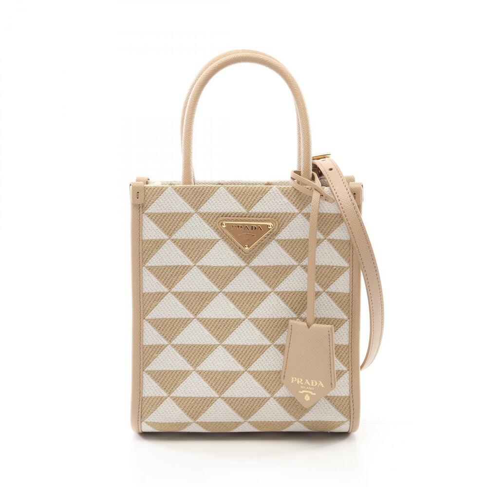 Prada TRIANGOLO JACQUARD Symbol Embroidery Handbag Saffiano Beige White